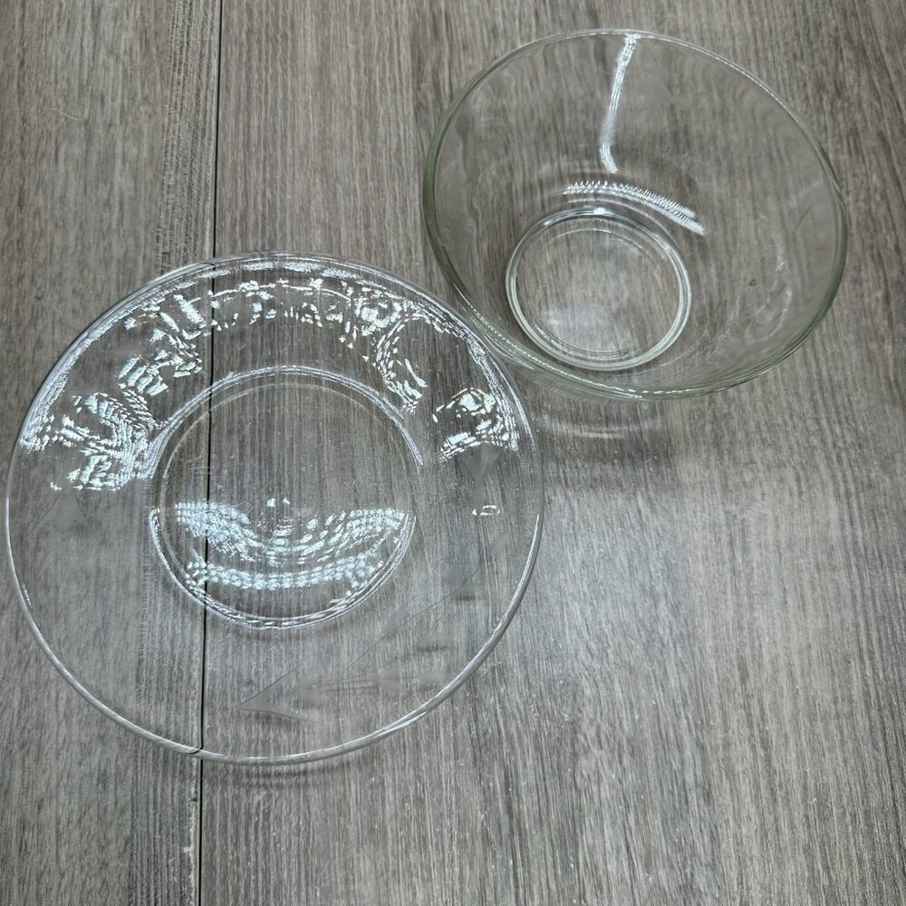 Vintage Clear Glass Bowl & Plate Set with Etched Leaf Vine Elegant Design - Picture 2 of 10